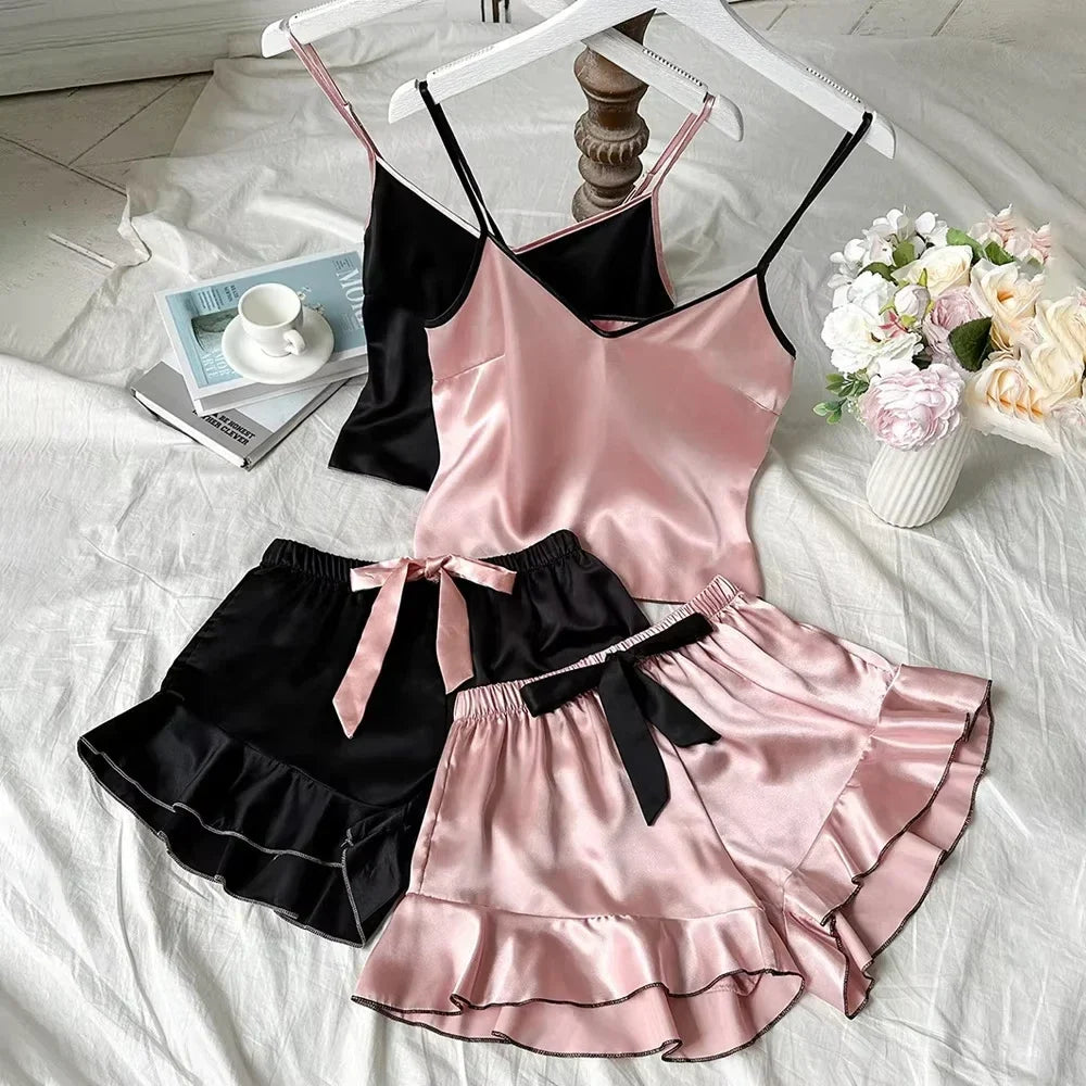 Summer Pajamas Set Women's Smooth Satin V-Neck Ruffled Edges Tops and Bow Shorts Pajama Sling Home Clothing