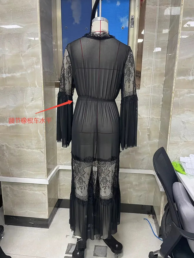 Women Black Sheer Lace Maxi Robe Bell Sleeve V Neck Ruffle Hem Mesh Loungewear Elegant Nightgown Cover Up for Ladies