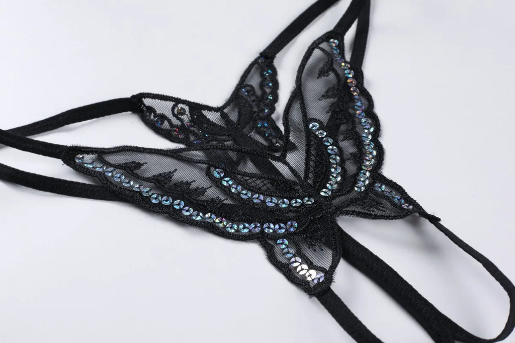 Double-Layer Thin Strap Sexy Thong Butterfly Embroidery Low Waist Sexy Bikini Pure Lace Sequins T-Shaped Panties Sexy G-strings