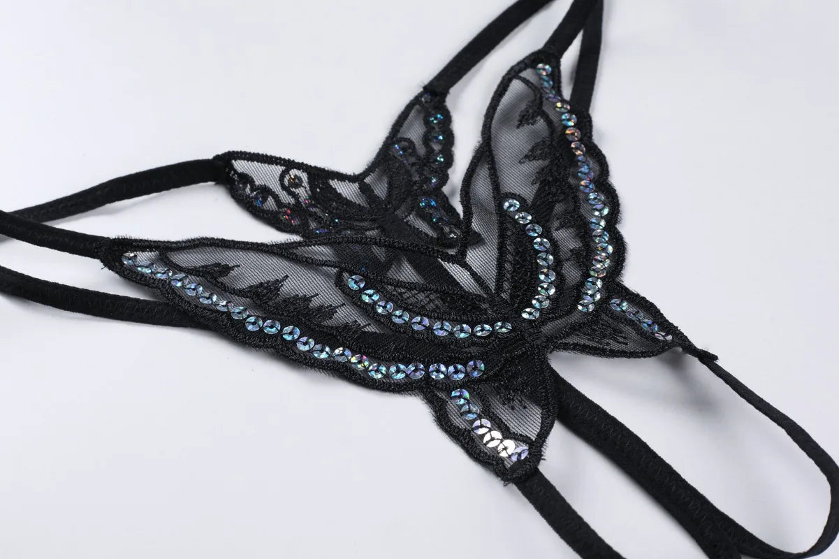 Double-Layer Thin Strap Sexy Thong Butterfly Embroidery Low Waist Sexy Bikini Pure Lace Sequins T-Shaped Panties Sexy G-strings