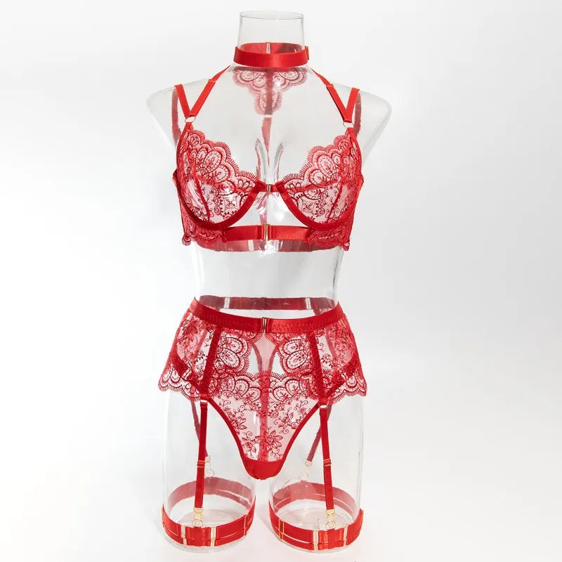 Toucheart 5 Piece Sexy Embroidery Underwear Set for Women Mesh Patchwork See-through Halter Underwear Garters Sexy Lingerie Set