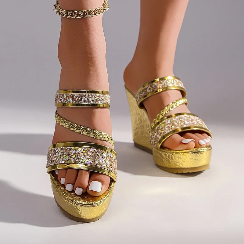 Gold Shiny Sequin Wedges Sandals Women Plus Size 42 Summer Chunky Platform Slippers Woman Crystal High Heel Party Shoes Ladies