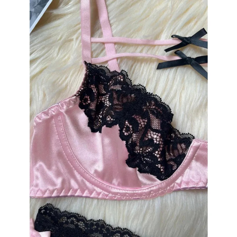 Toucheart Sexy Lace Patchwork Pink Lace Bra Thong Underwear Set For Women Bow Knot Black Lace Up Hollow Out Sexy Lingerie Set