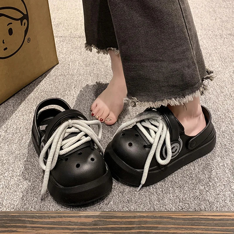 Women Summer Sandals Lace-up Style 2 Way to Wear Couples Fashion Platform Clogs Soft EVA Thick Sole Men Beach Street Slippers