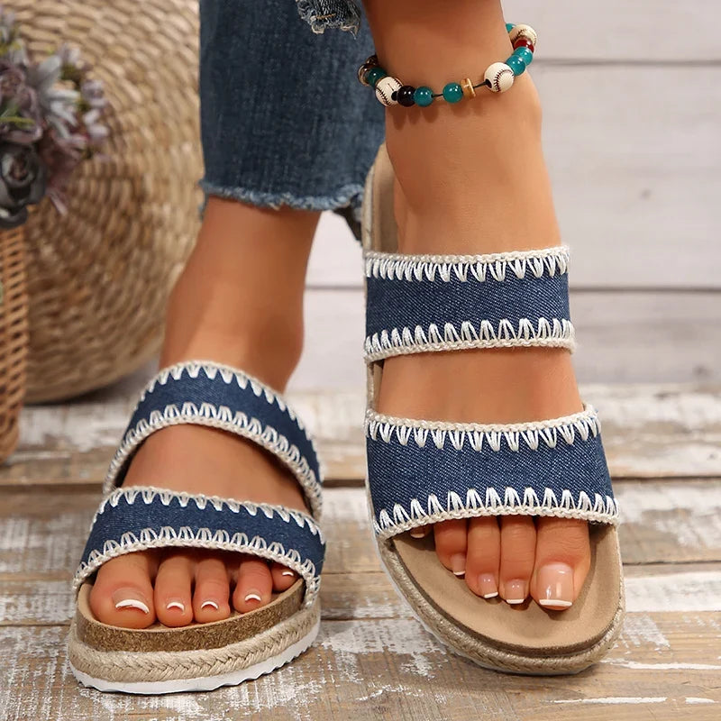 Bohemian Style Platform Slippers Women Plus Size 43 Embroidery Denim Thick Bottom Sandals Woman Open Toe Non Slip Summer Sandles