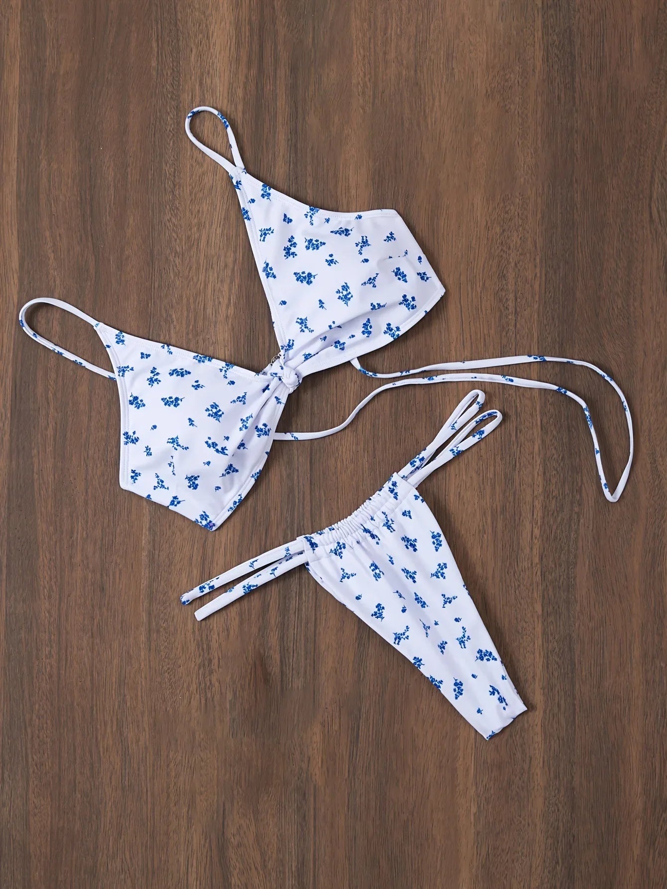 Sexy blue floral print front knot bikinis sets two pieces thong swimsuit Swimwear bathing suit beach outfits biquini tankini
