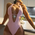 DEKA Pink V NeckOne Piece Swimsuit Women Swimwear Cut Out Bodysuit Monokini High Leg Swim Suit Cutout Bathing Suit Beachwear