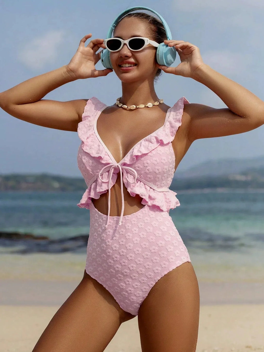 DEKA Girl Light Pink One Piece Swimsuit for Women High Waist Hollow Out Ruffle Suspender Backless Monokini Bikini Beach Swimwear