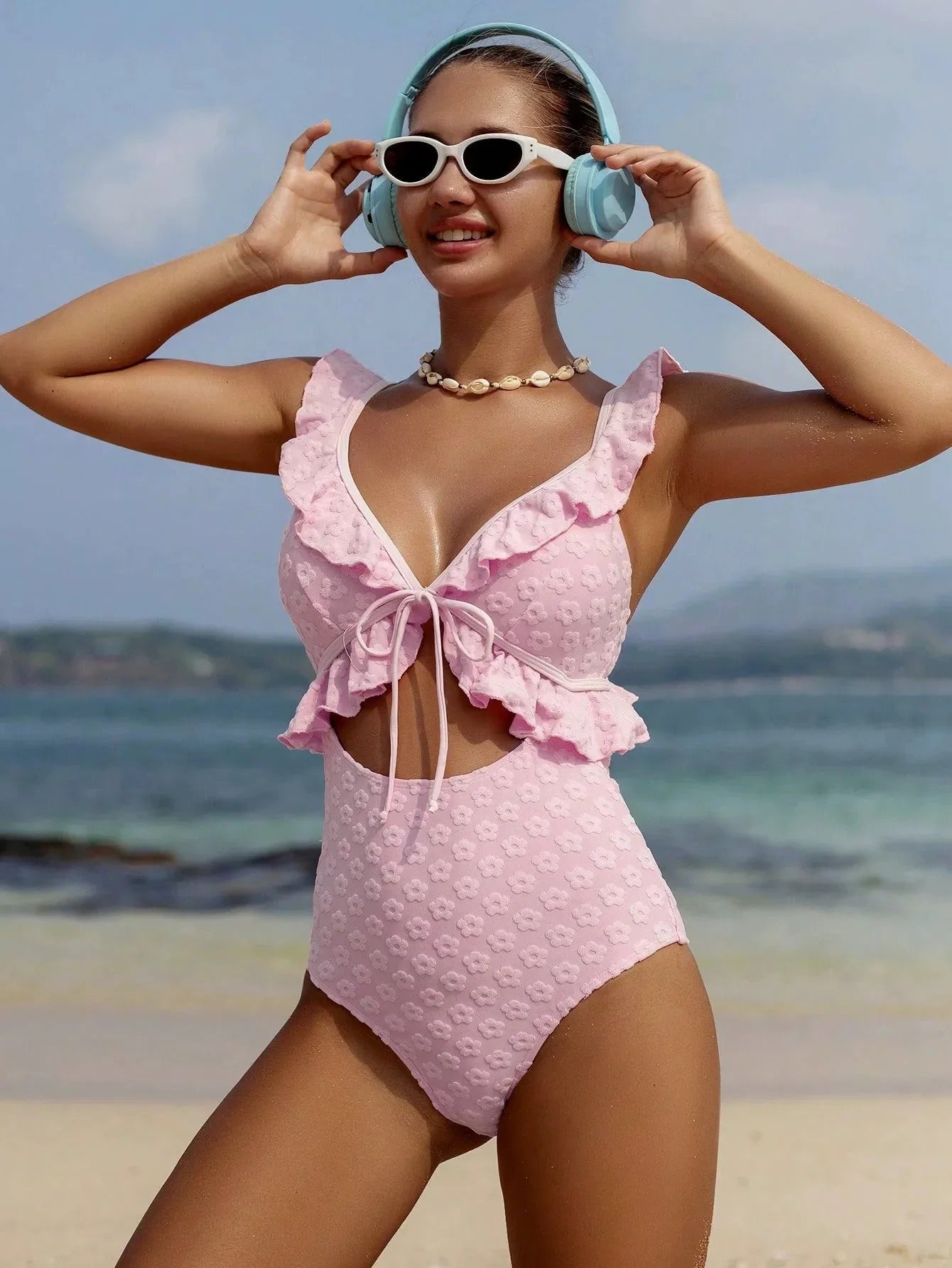 DEKA Girl Light Pink One Piece Swimsuit for Women High Waist Hollow Out Ruffle Suspender Backless Monokini Bikini Beach Swimwear