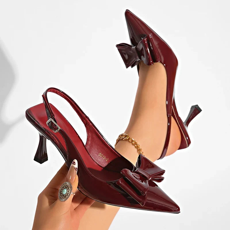 Sexy Wine Red High Heel Sandals Women Bowknot Pointed Toe Stiletto Heels Mules Shoes Woman Fashion Slip On Party Dress Shoes