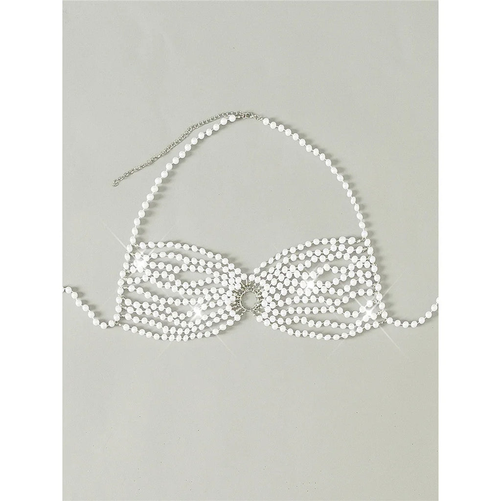 Luxury Pearls Halter Hollow Out See Through Bikini Top Female Swimsuit Women Swimwear Bather Bathing Suit Swim Beach Top V5409