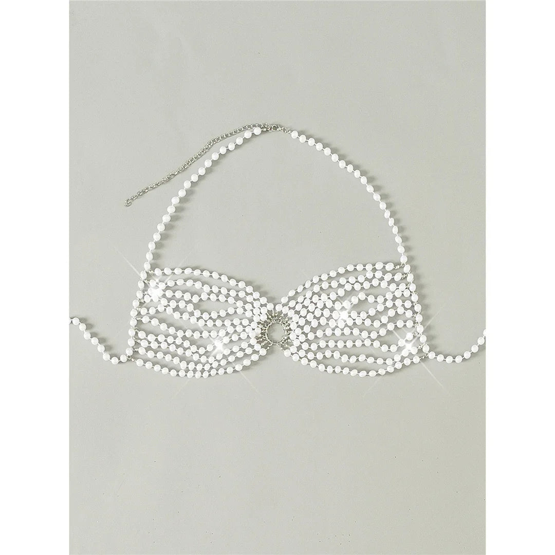 Luxury Pearls Halter Hollow Out See Through Bikini Top Female Swimsuit Women Swimwear Bather Bathing Suit Swim Beach Top V5409