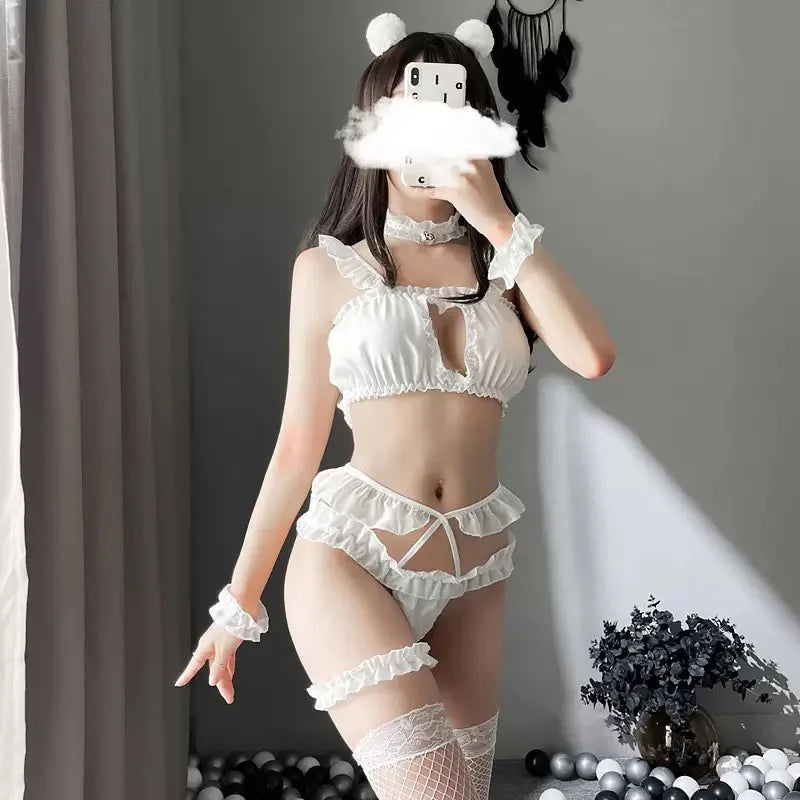Japanese Anime Cat Cosplay Women Girls Sexy Lingerie Set Mini Ruffle Kawaii Bra Briefs Set Neko Maid Embroidery Ear Choker
