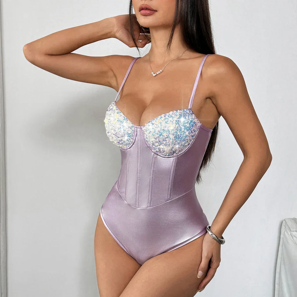 Shiny Sequins Silver Patchwork Bodysuit Women PU Leather Fishbone Rompers Hanging Neck Underwired Slimming Bodycon Bodysuit