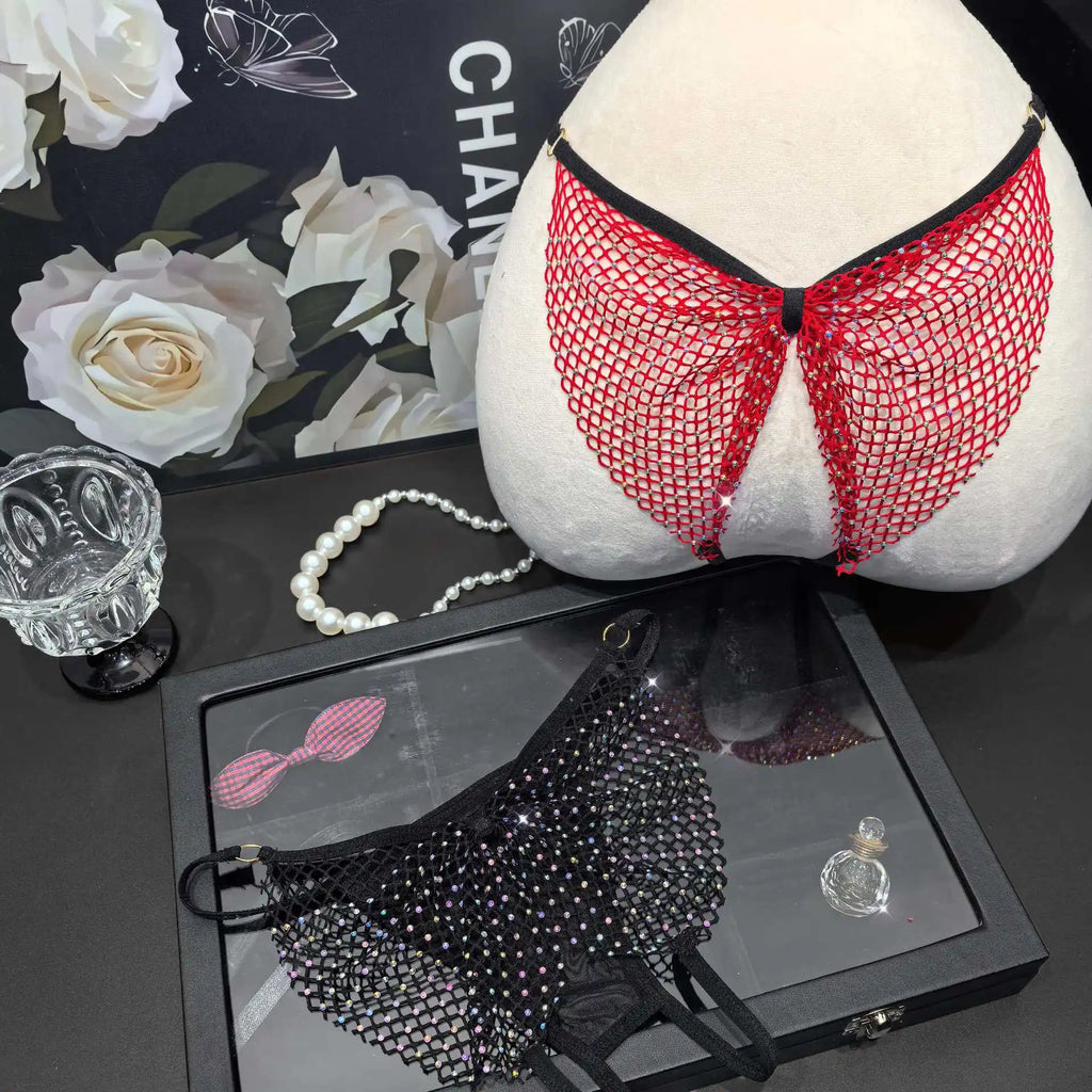 Rhinestone Sex Underwear Fishnet Crotchless Open T Pants Couple Panties Lace Women G String Hot Erotic Briefs Thong Intimates