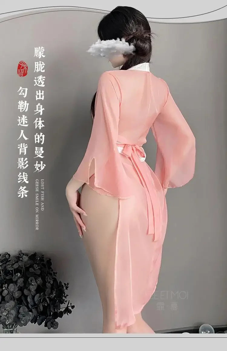 Women Sexy Lingerie Hanfu Dress Cosplay Costume Deep V Erotic See-through Pink Chinese Ancient Style Temptation Dresses