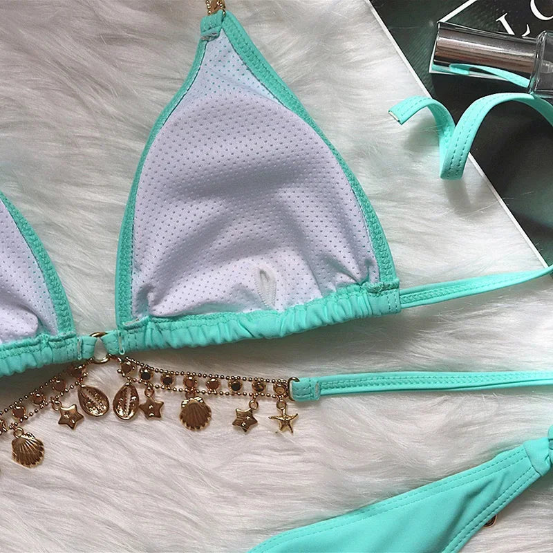 Wrap Around Halter Metal Chains Bikinis 2025 Diamond Bikini Women Swimsuit Female Swimwear Two Pieces Bikini set Bathing Suit