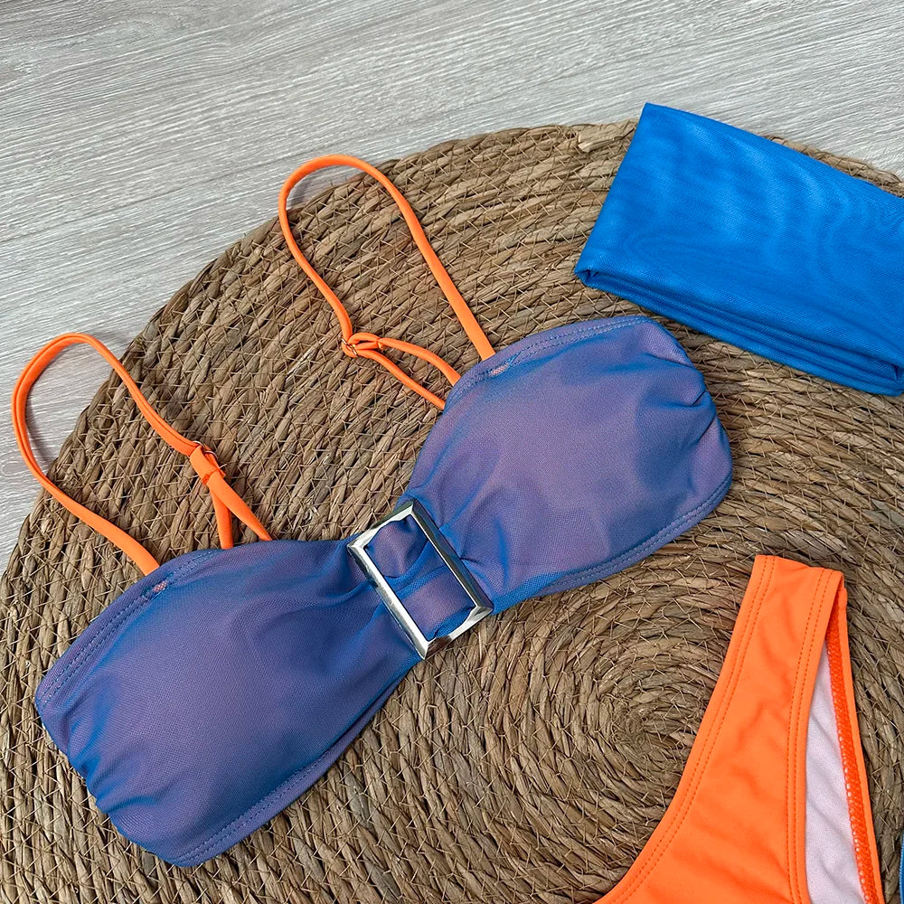 4 piece Bikini Set with Mini Skirt Headscarf Push Up Women Swimsuit 2024 Sexy Swimwear Brazilian Bikinis Thong Biquini Beachwear