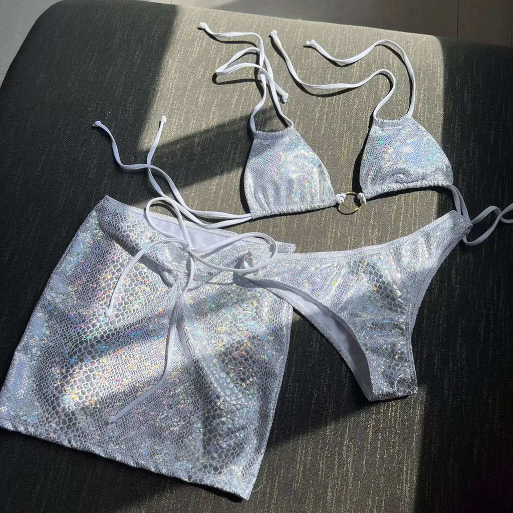 3PCS with Skirt Shiny Snake Skin Bikini Women Swimwear Female Swimsuit Three-pieces Bikini Set Halter Bathing Suit Beach Wear