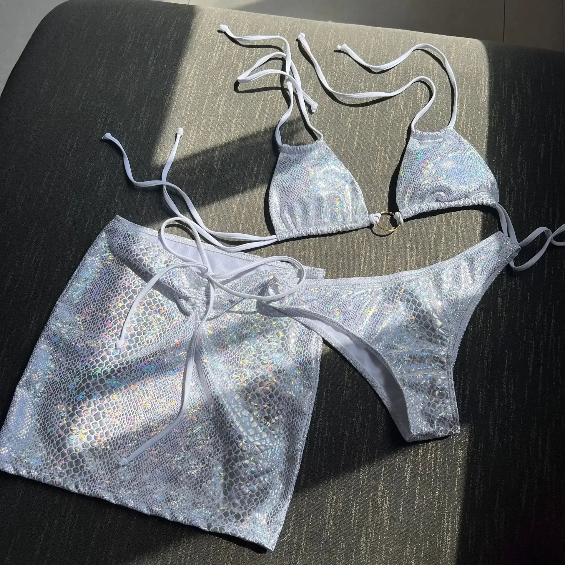 3PCS with Skirt Shiny Snake Skin Bikini Women Swimwear Female Swimsuit Three-pieces Bikini Set Halter Bathing Suit Beach Wear
