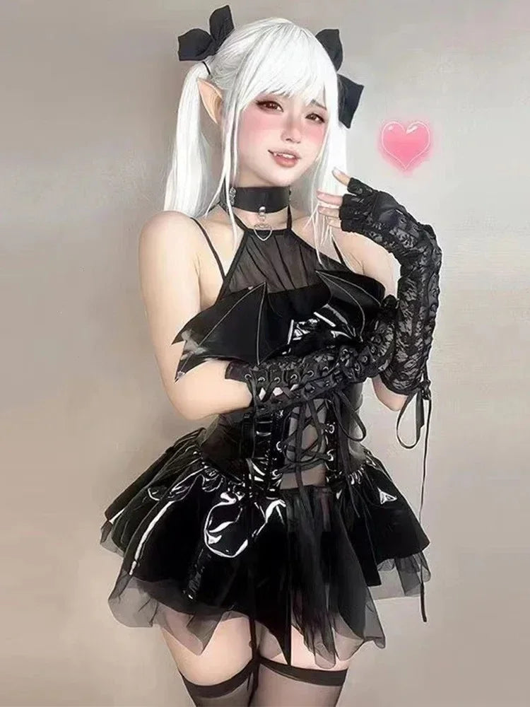 Bat Women Sexy Lingerie Devil Cosplay Costume Punk Y2k Gothic PU Leather Halter Neck Straps Bodysuit Short Mini Dress