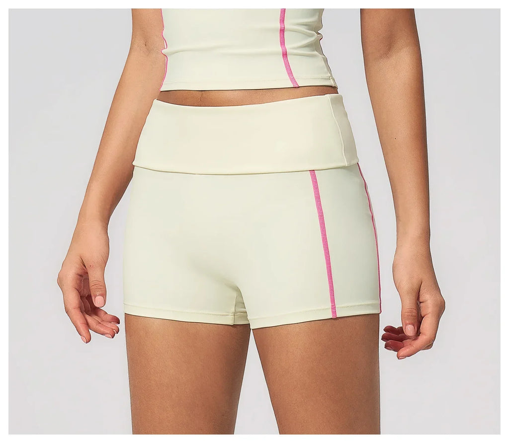 Quick Dry Contrast Color Yoga Shorts 2026 Tights Hip Lifting Workout Fitness Leggings High Waist Folded Running Athletic Shorts
