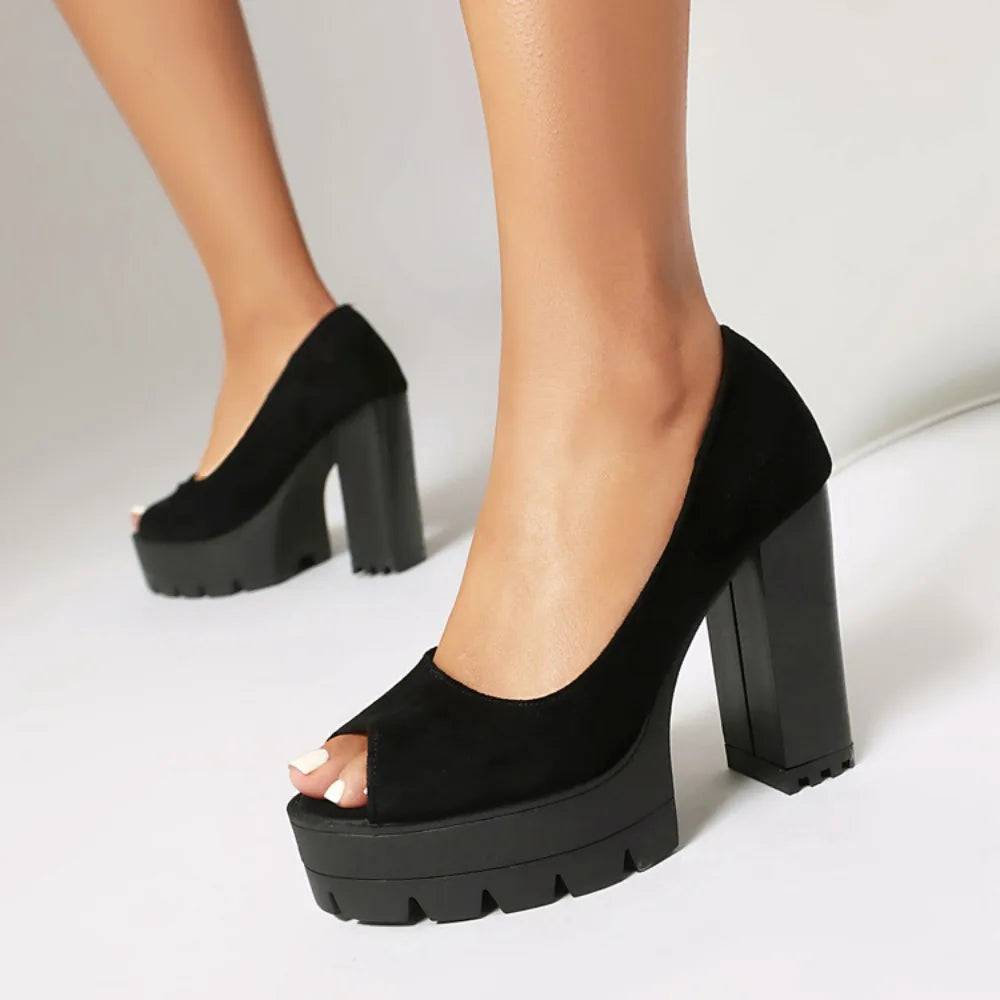 Ladies Vintage Flock Black Peep Toe Pumps Classic Summer Chunky High Heels Women Slip On Party OL Single Shoes Big size 36-46