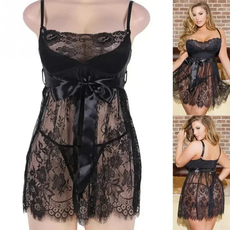 5XL Plus Size Women Sexy Lingerie Erotic Babydoll Underwear Lace See Through Dress with Panties Set Porno Costumes Sleepwear