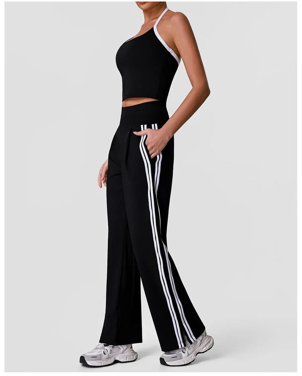 New Contrasting Striped Yoga Sets Women Hanging Neck Slim Sports Vest Gym Outfits High Waist Pocket Pants Running Fitness Suits