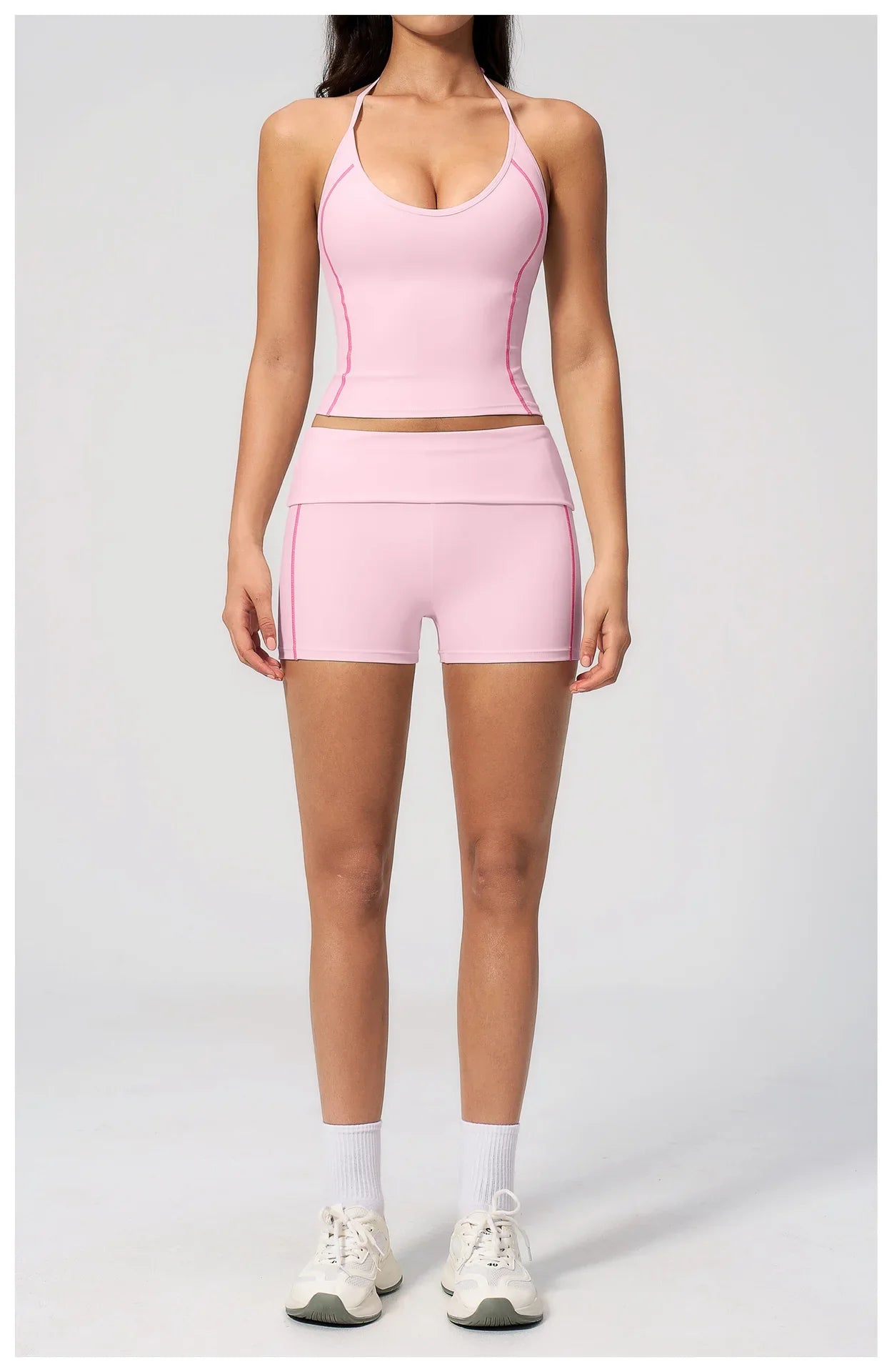 2PCS Women Yoga Sets Color Contrast Hanging Neck V Neck Slimming Sports Tank Top Flip High Waist Shorts Gym Running Fitness Suit