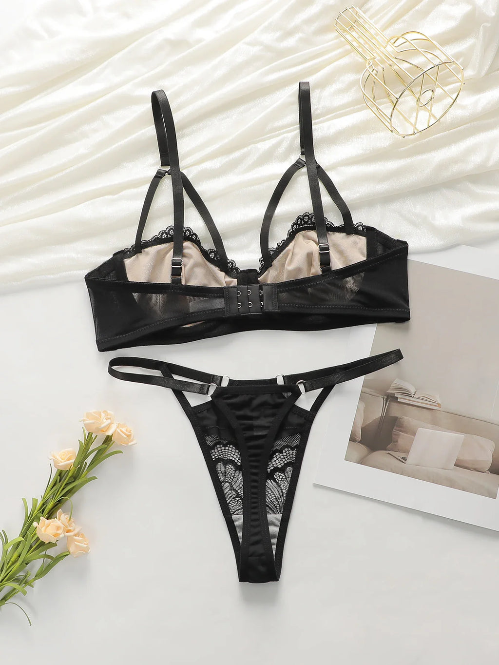 High Quality New Sexy Underwear For Women's Lace Transparent Hollow 3/4 Bra Gathering Steel Ring Push Up Underwear Set HR2634