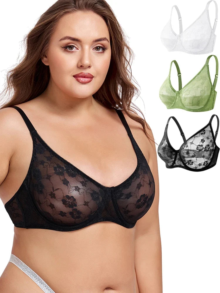 3 Pcs Women's Bra Elegant Retro Lace Sheer Unpadded Sexy Lingerie BH Tops Flower knitting Brassiere Underwire Plus Size Bras