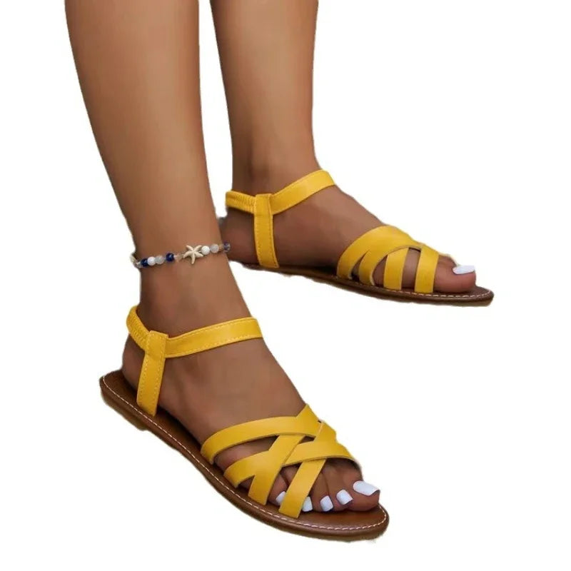 Summer New Sandals Fashion Cross Women's Flat Bottom Roman Beach Solid Color Elastic Mouth Women's Shoes Versatile