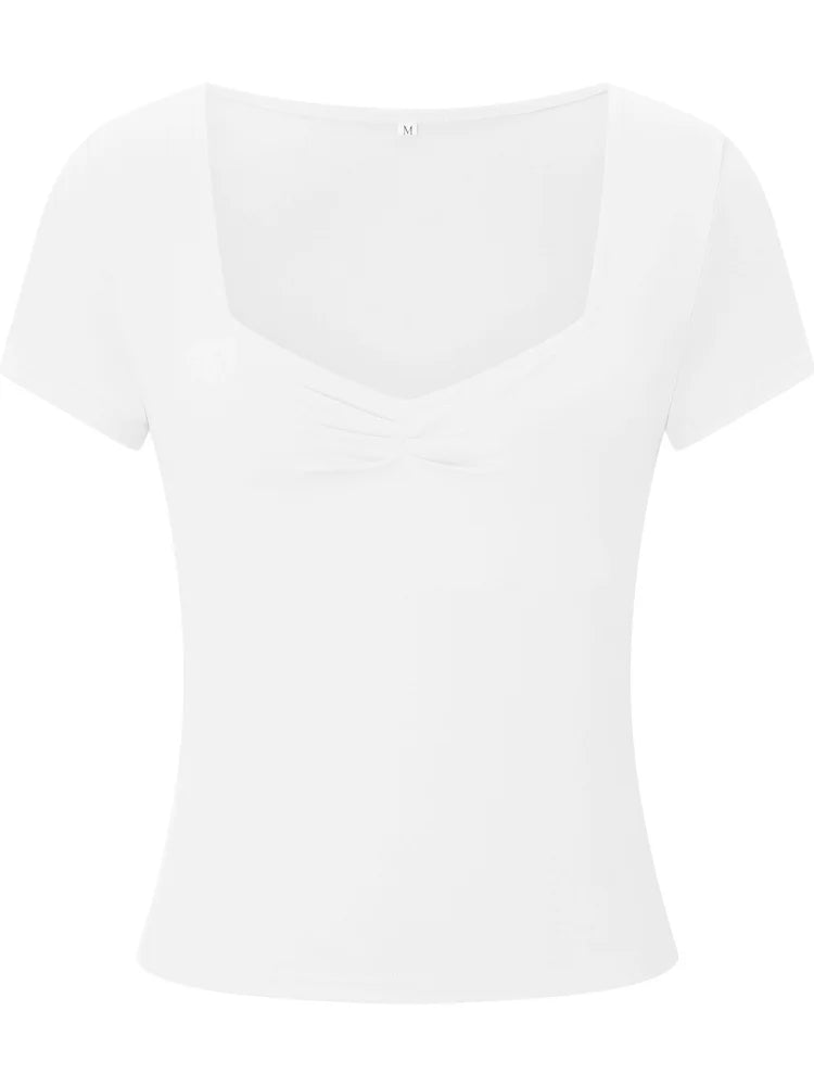 New Women T-shirt Summer Solid Color Short Sleeve Square Neck Slim Fit Crop Tops Casual Elegant Basic Tee Shirts