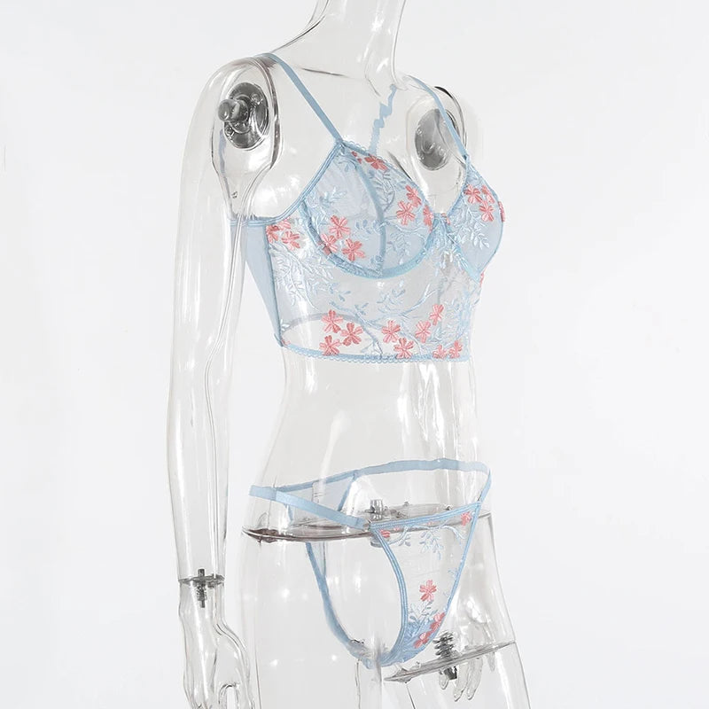 Porn Women 2 Pieces Sexy Lingerie Set See Through Lace Floral Bra Brief Underwear Erotic Lingerie Sets