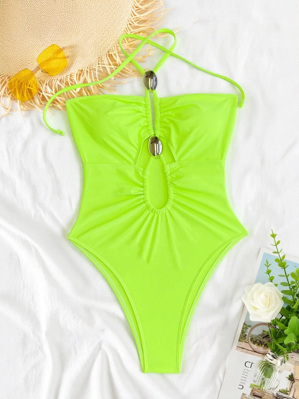 2026 Summer Women's One-piece Suit Swimwear Sexy Hollow Out Neck Lace-up Bodysuit Beachwear High Waist Push Up Bathing Suits