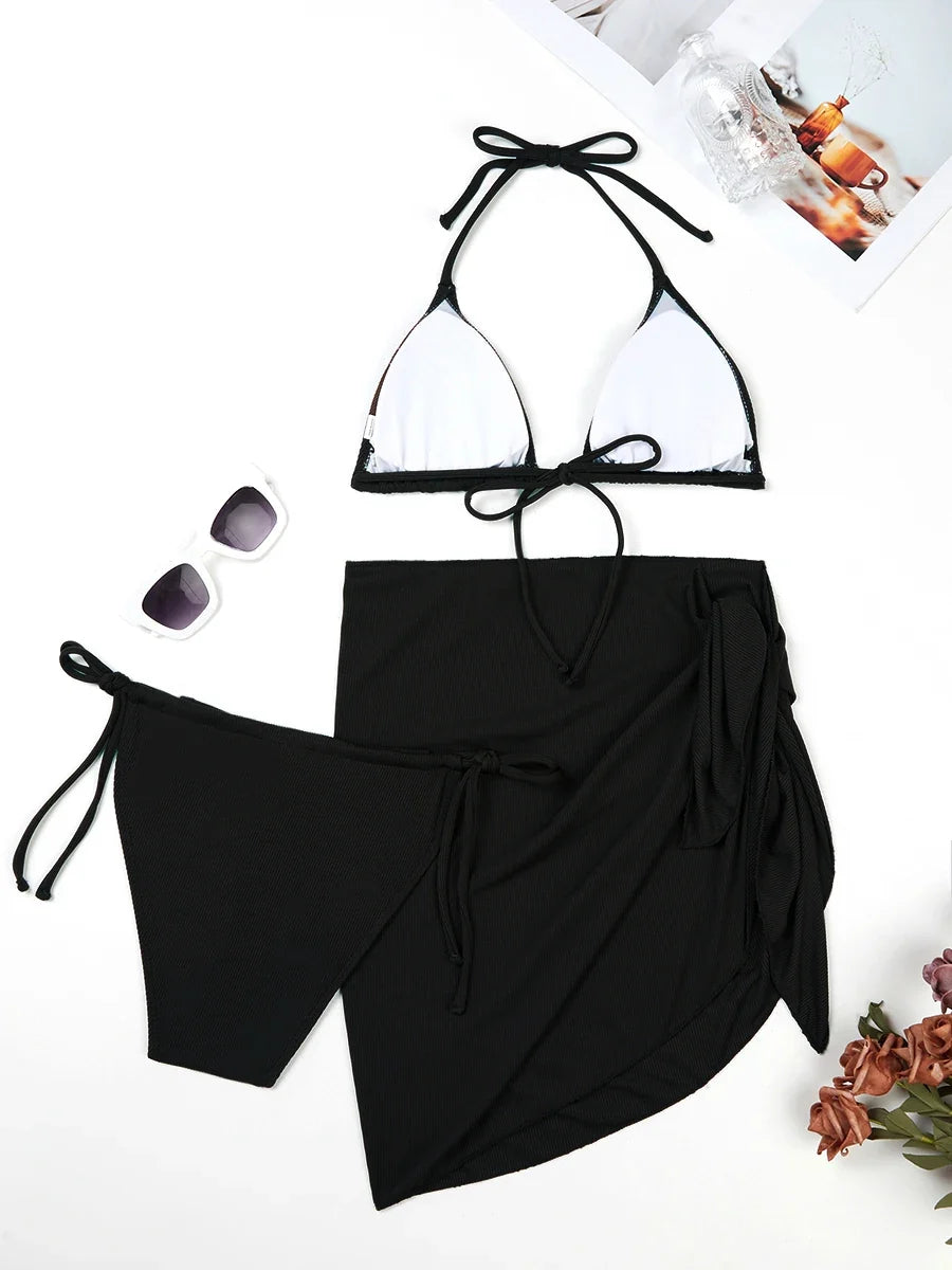 3 Pieces Triangle Halter String Bikini 2026 Solid Swimwear Female Sexy Swimsuit Women Bathers Bathing Swimming Swim Suit
