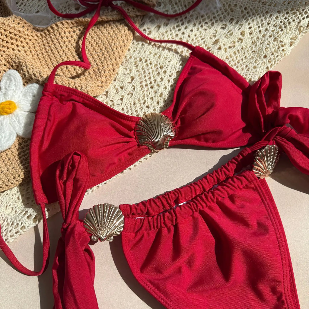 Metal Shell Halter Strappy High Cut Bikini Female Swimsuit Women Swimwear Two-pieces Bikini Set Bather Bathing Suit Swim Lady