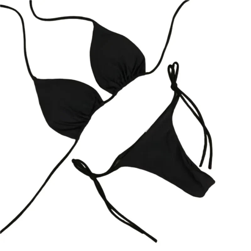 2025 Sexy Halter Solid Color Bikini Set Women's Swimsuit Two-Piece Triangle Thong Swimwear Bathing Suit for Beach Biquinis