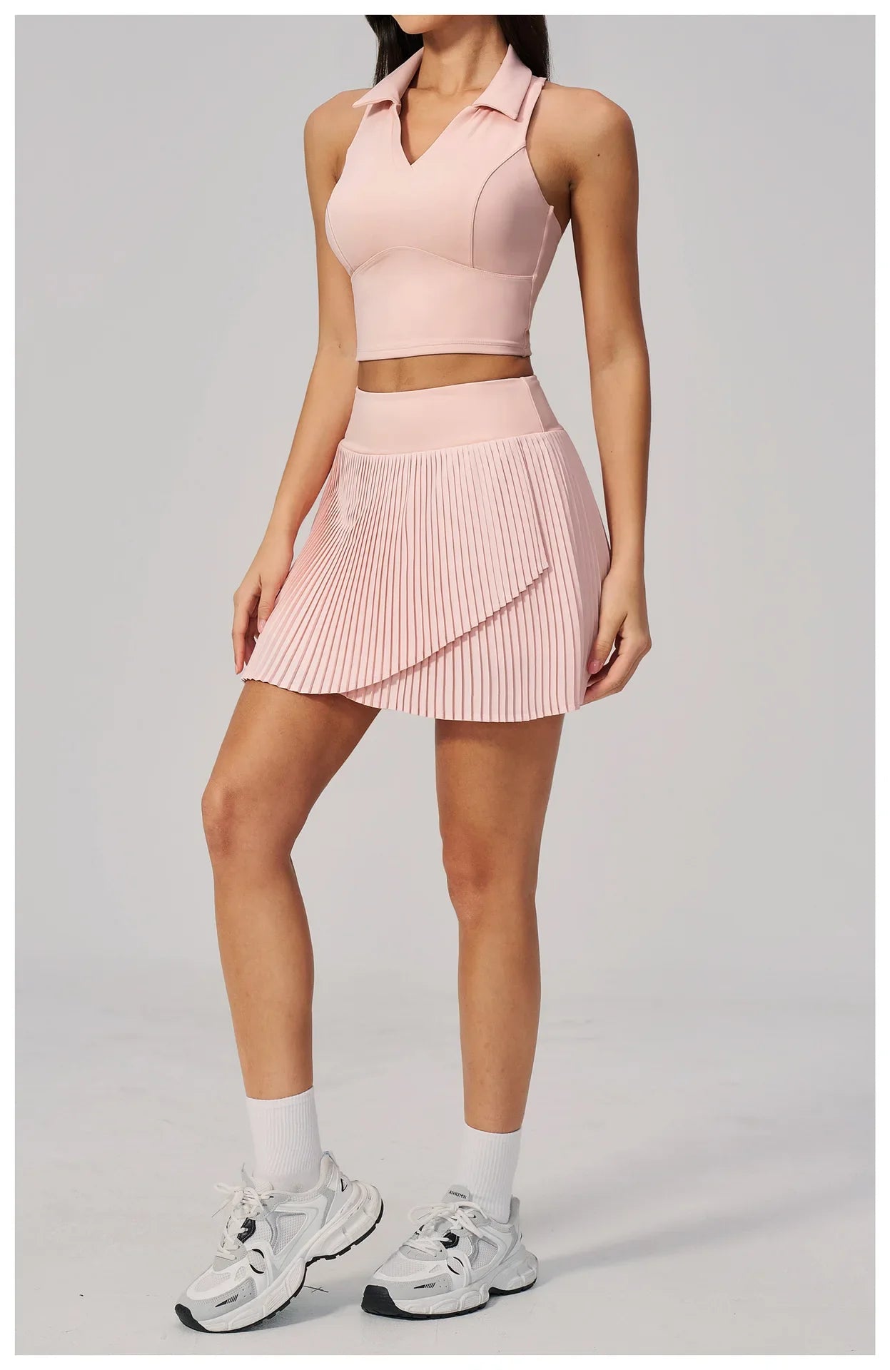 Women's Tracksuit Yoga Set 2 Pieces High Waist Pleate Pocket Skort Fitness Suit Turn Down Collar V Neck Slim Tank Top Sporstwear