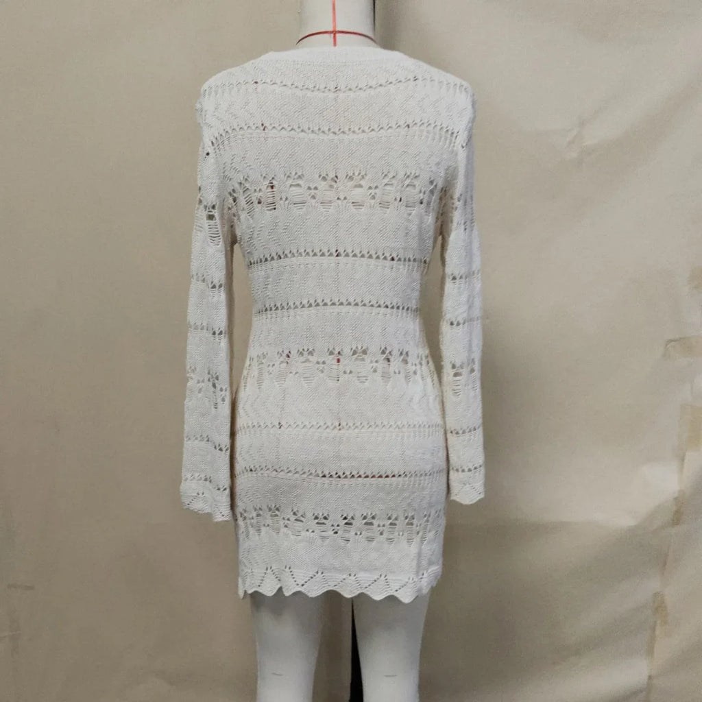 S - XL Long Sleeve Hollow Out Crochet Knitted Tunic Beach Cover Up Cover-ups Beach Dress Beach Wear Beachwear Female Women K5542