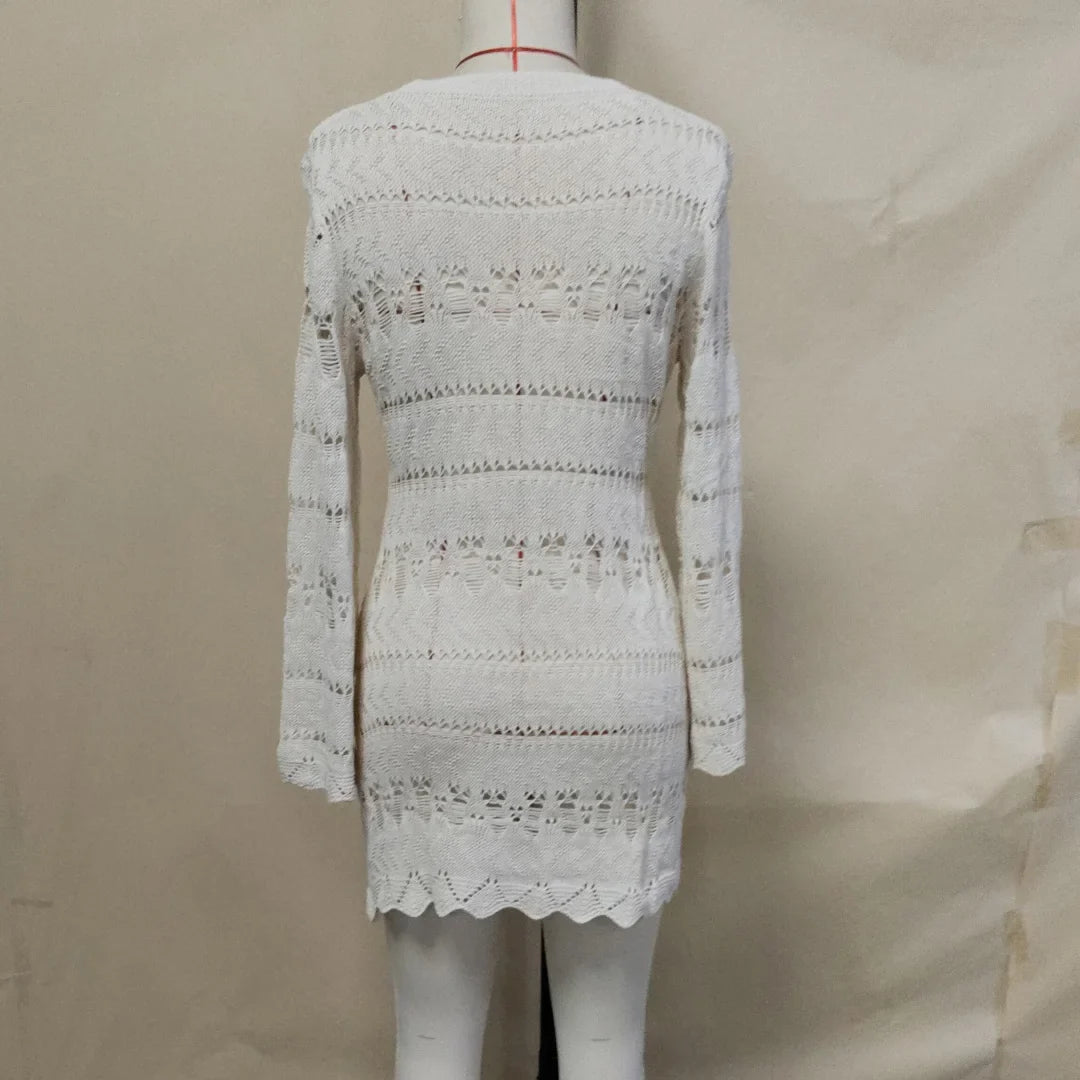 S - XL Long Sleeve Hollow Out Crochet Knitted Tunic Beach Cover Up Cover-ups Beach Dress Beach Wear Beachwear Female Women K5542