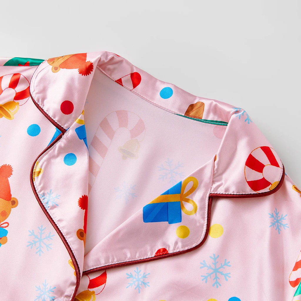 Women's Satin Christmas Pajama Sets Fashionable Printed Button Down Ruffle Tops with Pants 2 Pieces Soft Sleepwear