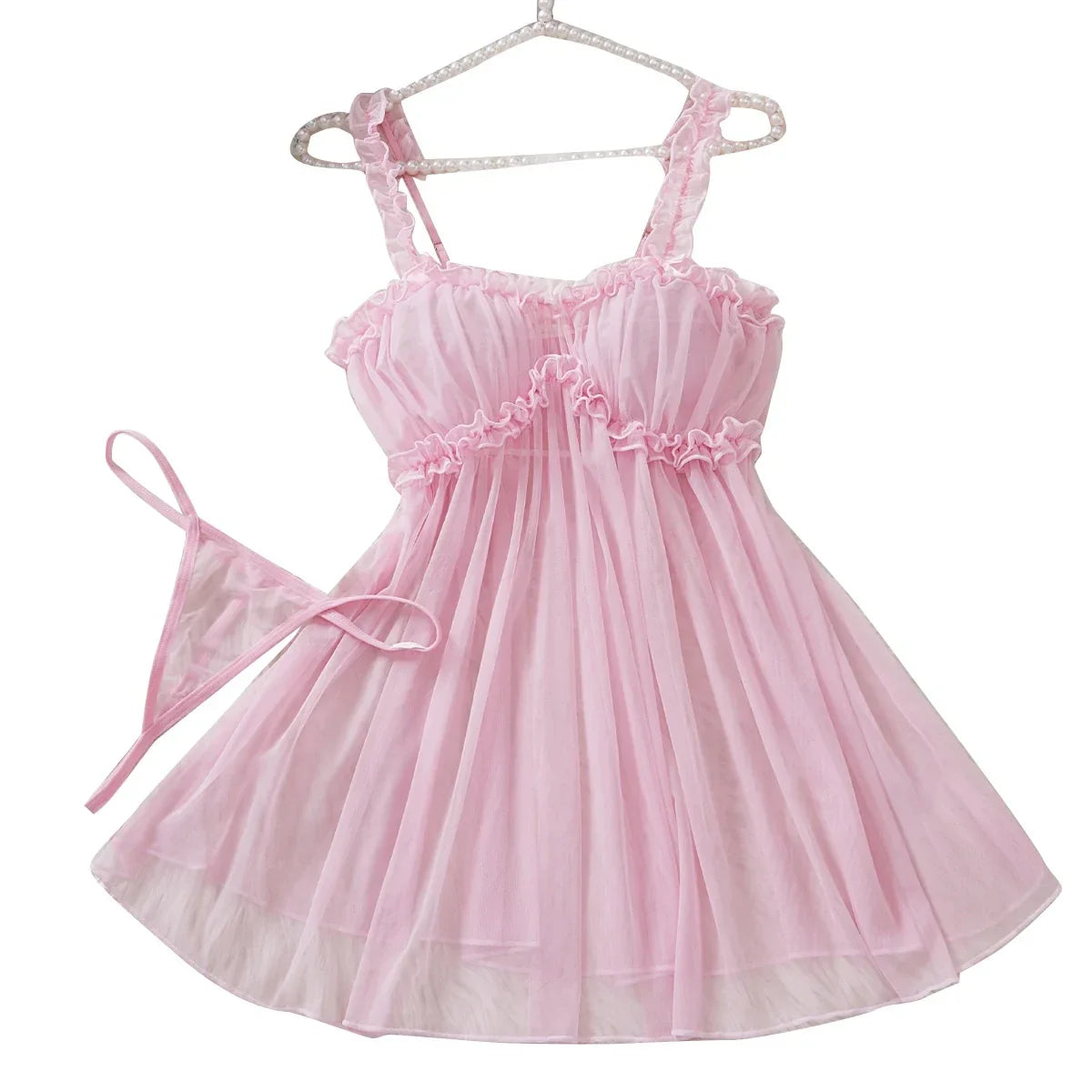 Women Perspective Mesh Nightdress Bow Wrapped Around Chest Pink Sexy Babydoll With Thong Erotic Sexy Lingerie Valentine Day Gift