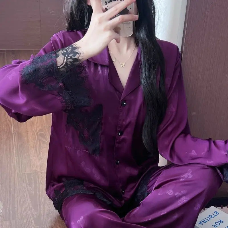 Spring and summer women's pajamas lace sweet cardigan long-sleeved suit home wear