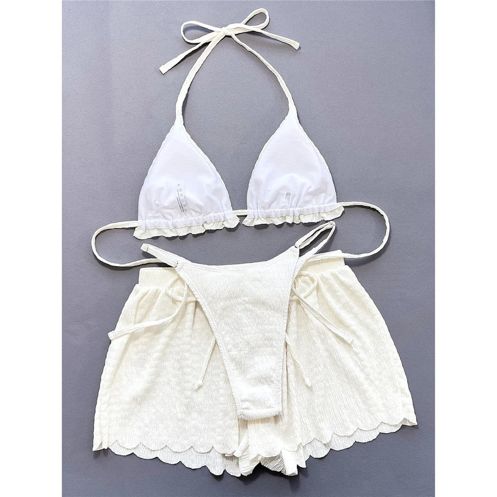 Ruffled Firlled Halter Bikini Women Swimwear Female Swimsuit Three-Pieces Bikini Set With Shorts Bather Bathing Suit Swim V5673