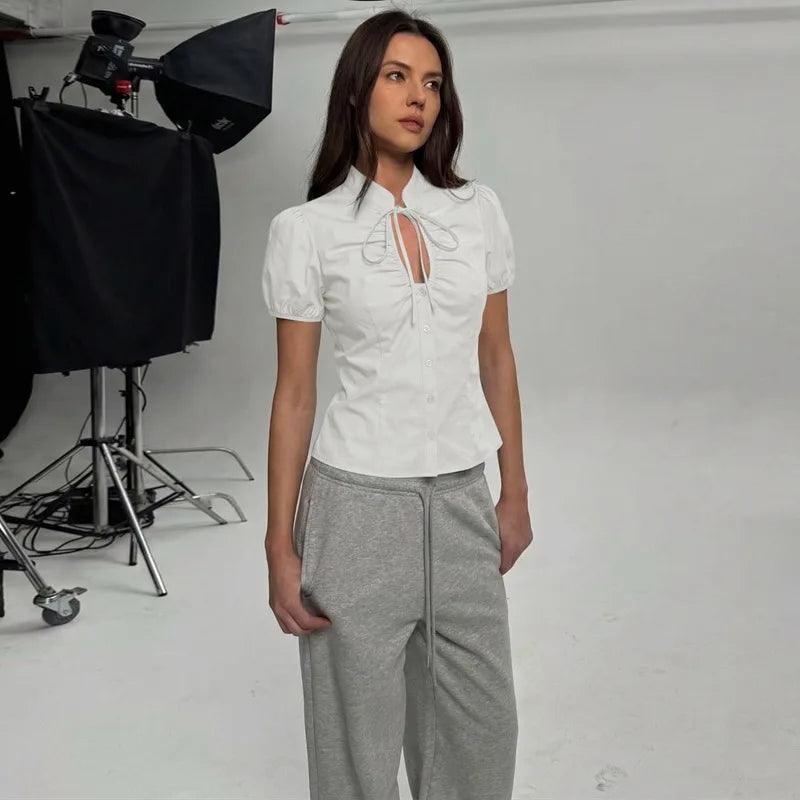 FDYOUI Fashion Stand Collar Lace-up Hollow Out T-shirts Women Chic Short Sleeve Single Breasted Crop Top Folds Solid Tee Shirt