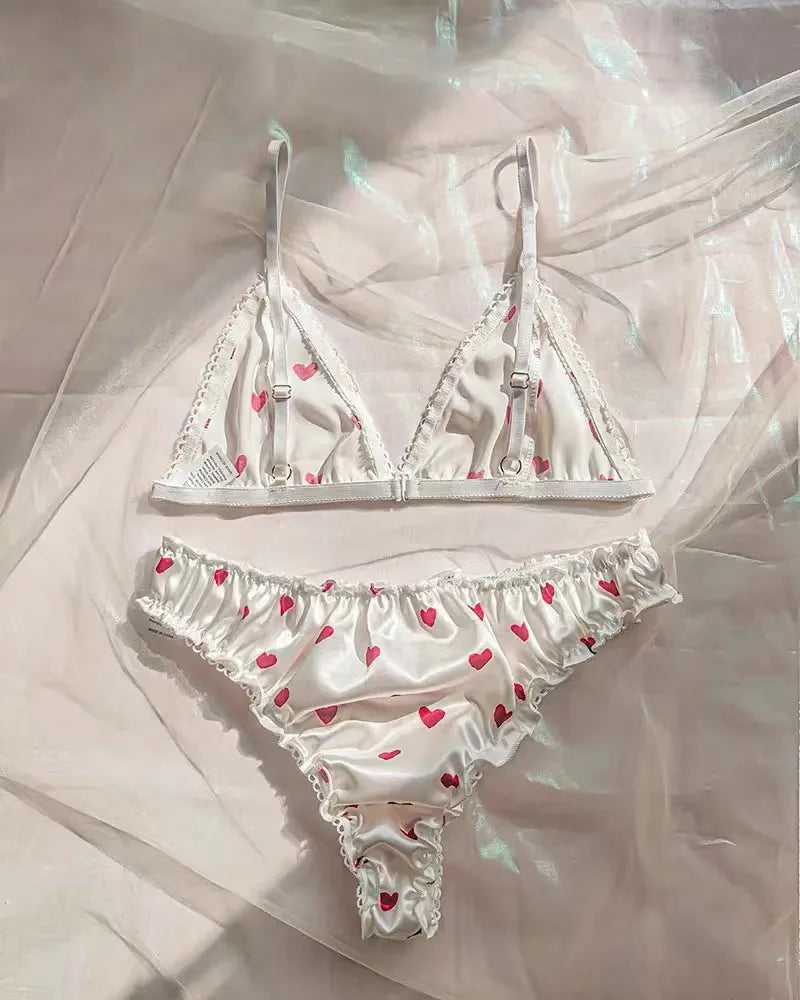 Women's Erotic Lingerie Bra Brief Set Bowknot Sexy Deep V Wire Free Lingerie Underwear Two Piece Female Cute Pajamas Kitts Suit