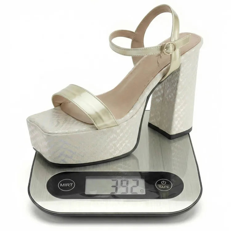 Silver Women Sandals Square Toe 12.5cm High Heel 4.5cm Platform Buckle Strap Large Size 43 44 45 46 Sexy Dating Shoes