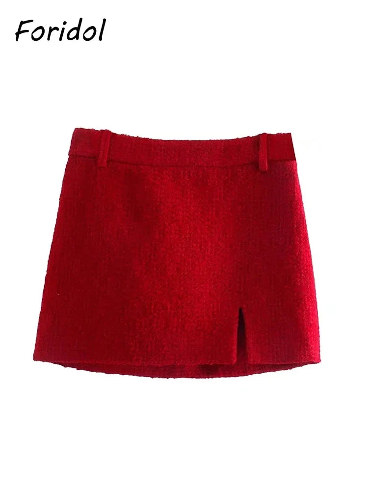 Foridol Double Breasted O Neck Short Blazer Skirt Sets Two Pieces Office Ladies Red Winter Thick Cozy Suits Elegant Blazer Top